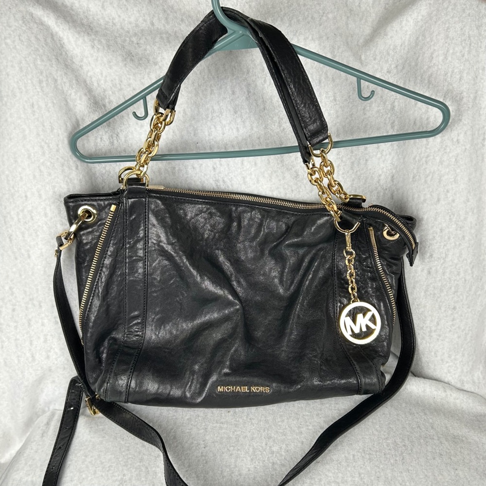 Michael Kors Shoulder‎ Bag Womens Medium Black Leather Gold Chain Strap Slouchy